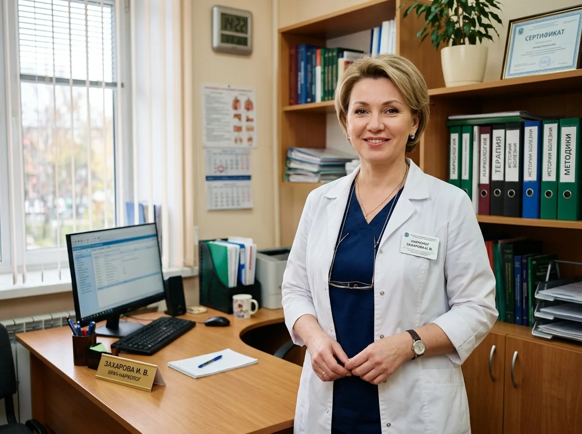 Врач-нарколог Захарова Ирина Владимировна, портрет женщины-врача в медицинском халате, уверенный взгляд, кабинет клиники на фоне